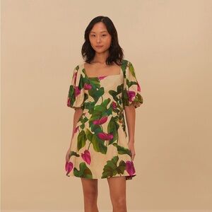 NWT Farm Rio Sand Anthurium Leaves Mini Puff Sleeve Linen Dress XS